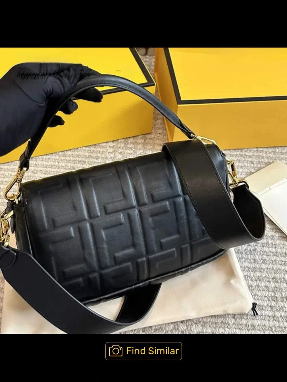 No brand Black Quilted FF Logo Shoulder Bag with Gold Hardware